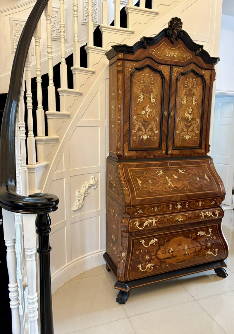 Outstanding Quality Antique Italian Marquetry Inlaid Burr Walnut Bureau Bookcase - Image 3